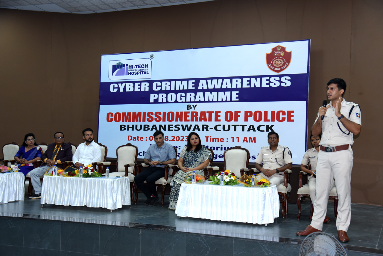 On 09.08.2023 an immensely large awareness session on Cyber Crime Awareness & Responsible Use Of Social Media at Hi-Tech Medical College & Hospital, Bhubaneswar under Mancheswar Police Station by the DCP Bhubaneswar.