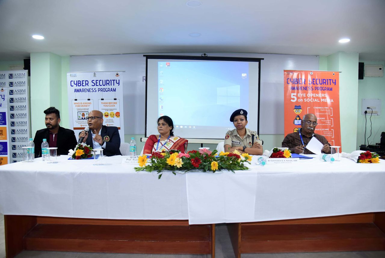 “Empowering the future!  300 ASBM University students delved into the realms of cyber security on 16.11.2023. ACP Anjana Tudu, along with cyber volunteers and experts Mr. Swaroop Rath and Mr. Richi Roy from TCS, shed light on crucial topics like AI, Deepfakes, password hygiene, phishing, and online safety. Real-life stories shared by them helped enrich the learning experience.